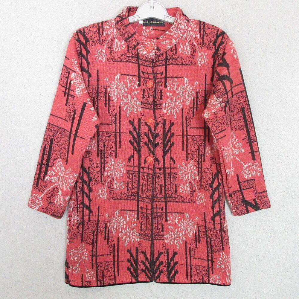 D.K. Knitwear Cardigan Womens M Long Sleeve Button Front Abstract Floral Coral